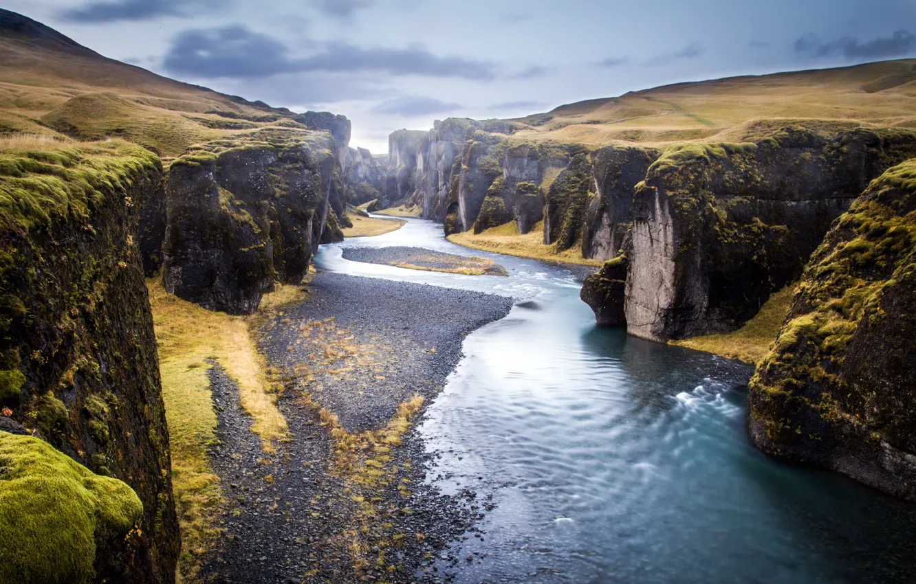 Фото обои Autumn, Mountains, Iceland, River, Canyon