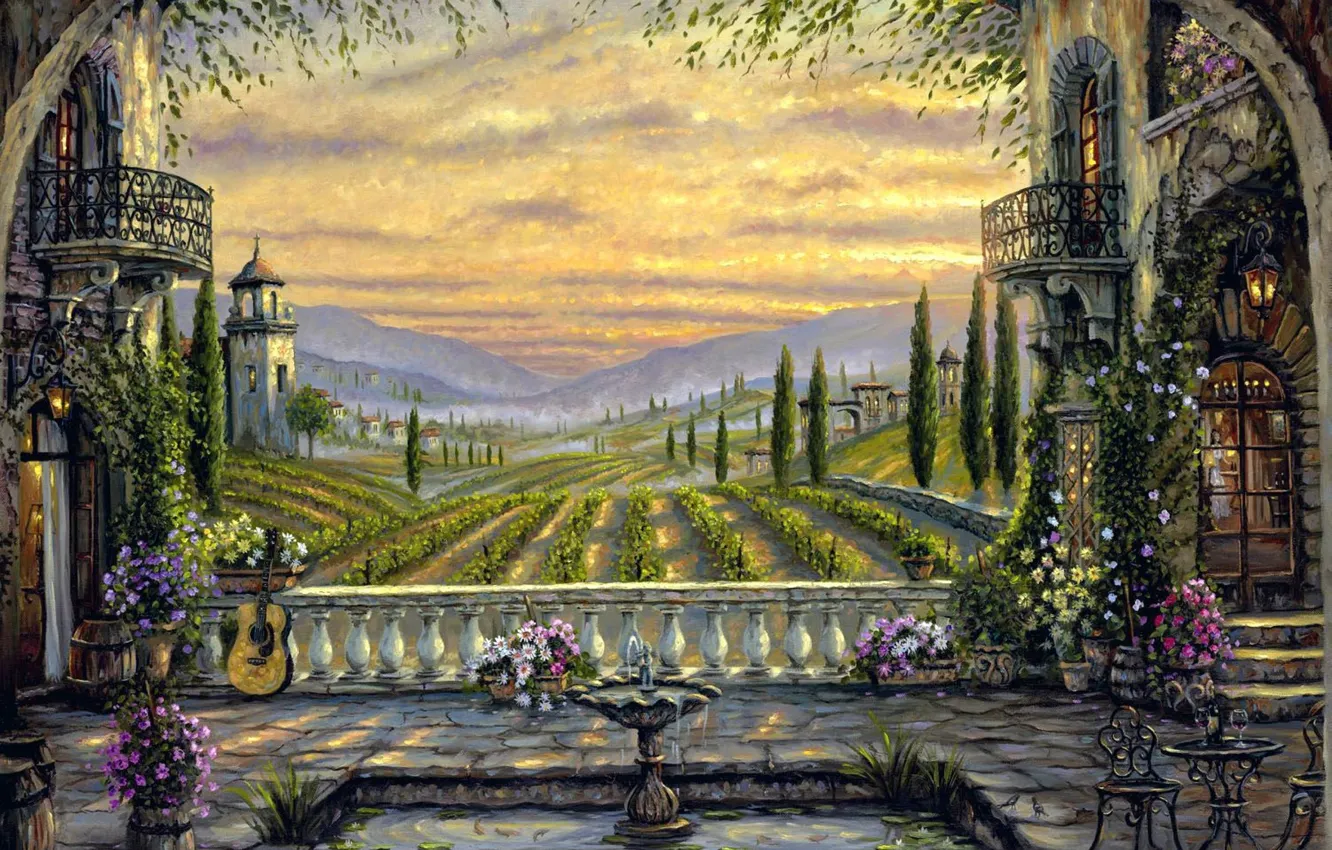 Фото обои поле, деревья, цветы, туман, гитара, картина, Италия, фонтан
