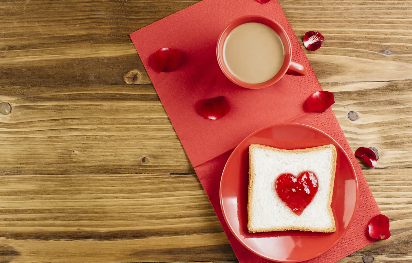 Фото обои кофе, лепестки, heart, джем, jam, тост, Toast