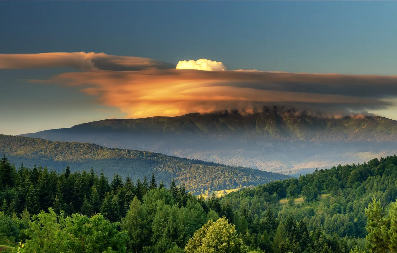 Фото обои облака, пейзаж, горы, природа, рассвет, холмы, утро, Польша