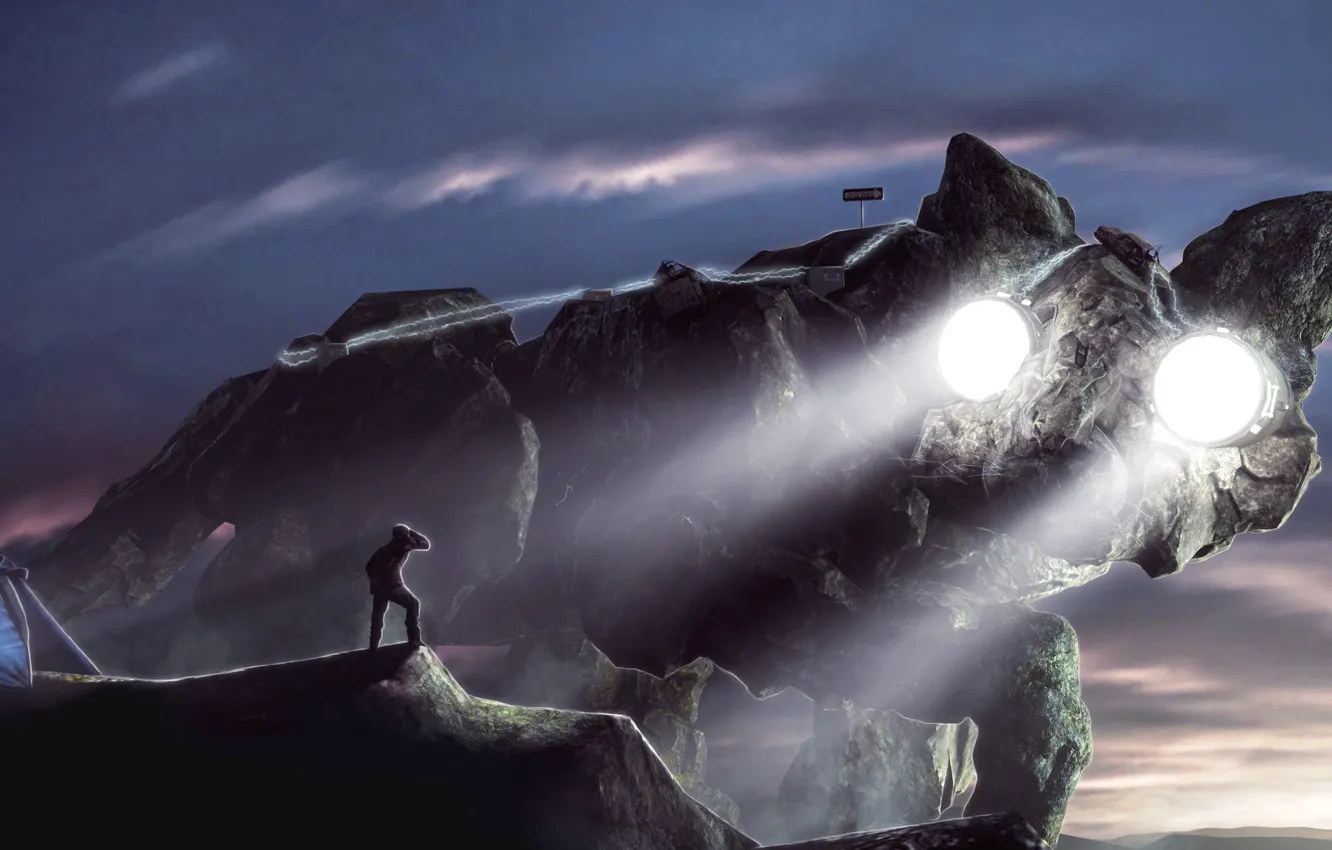 Фото обои скала, человек, палатка, kitty colossus, Primal Colossus