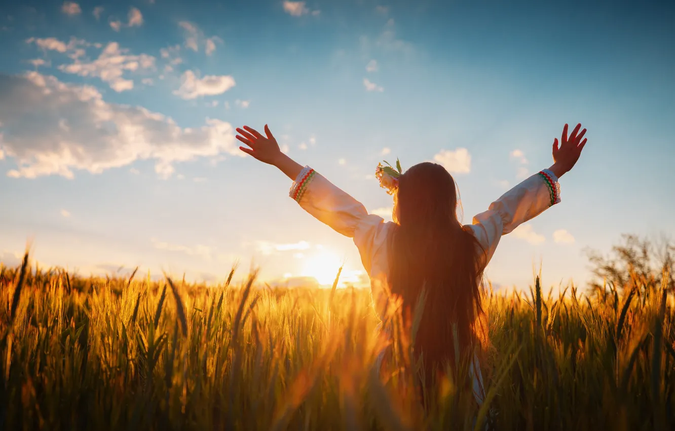 Фото обои поле, лето, солнце, свет, цветы, природа, поза, настроение