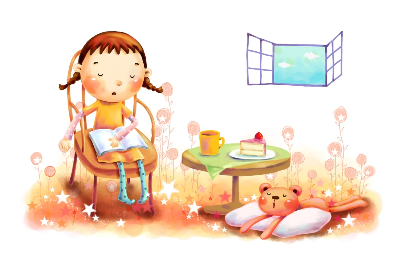 Фото обои облака, чай, рисунок, окно, девочка, книжка, тортик, зверёк