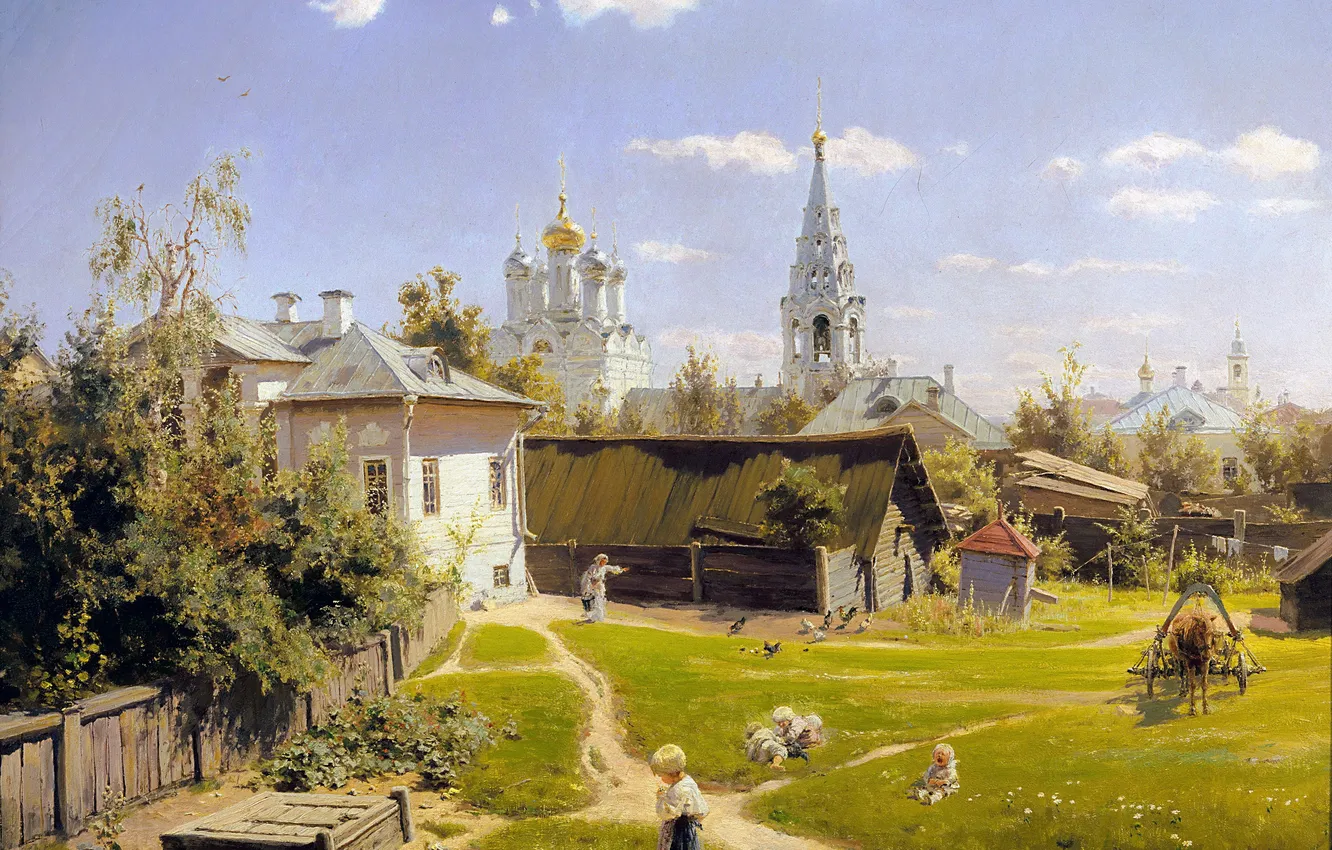 Фото обои Дома, Люди, Картина, Москва, Василий Поленов, Московский дворик, Русский художник, Vasily Polenov