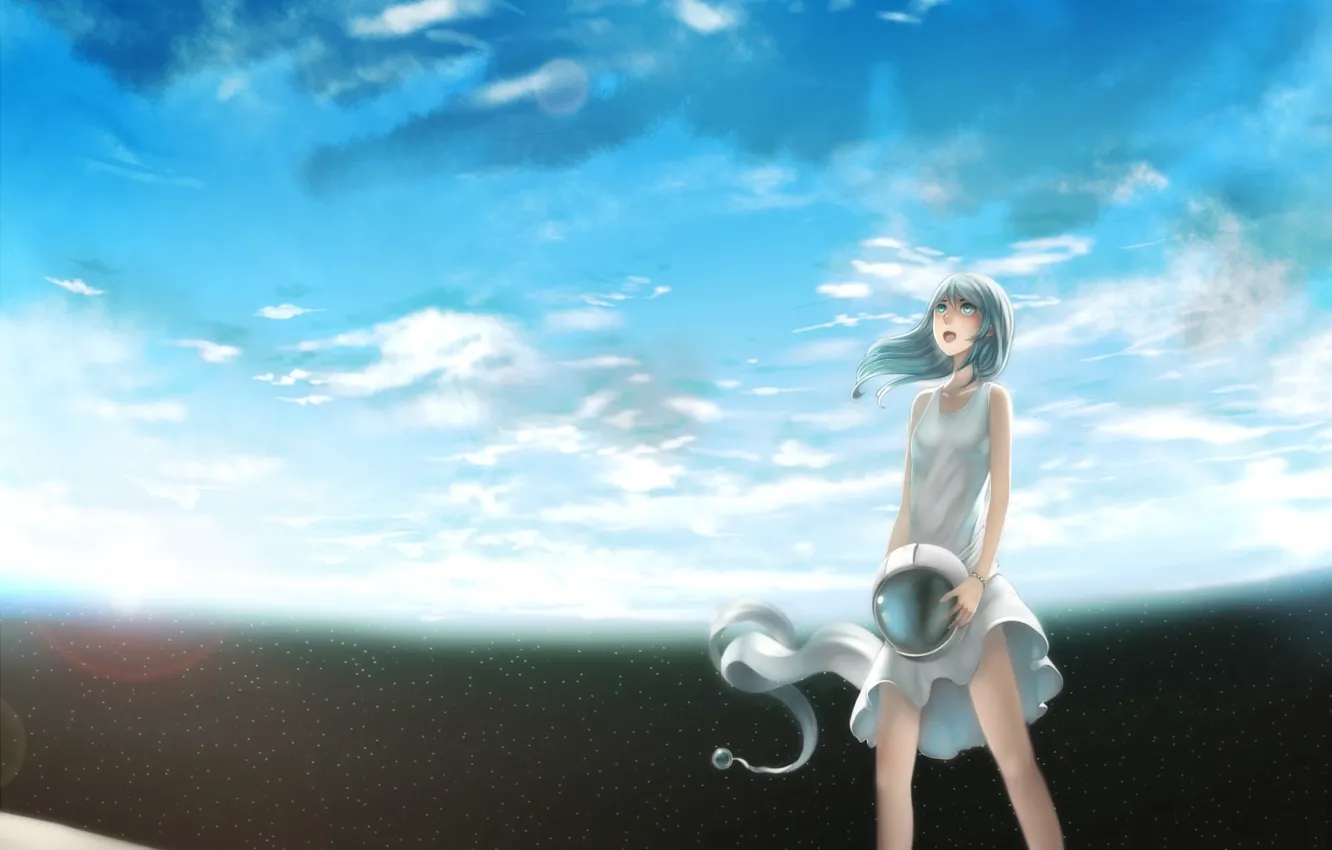 Фото обои небо, девушка, космос, фантастика, рисунок, планета, аниме, атмосфера