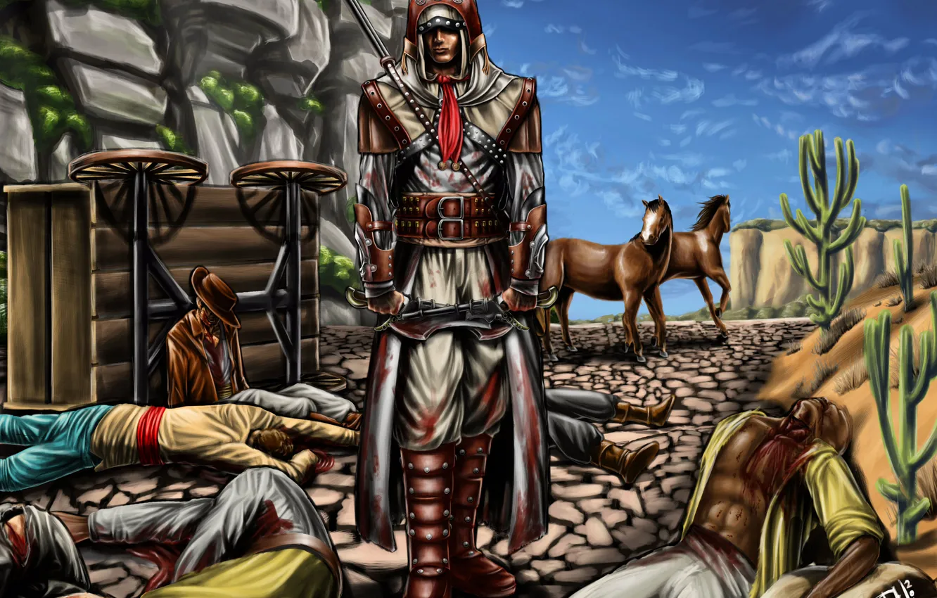 Фото обои оружие, скалы, лошади, арт, повозка, кактусы, assassins creed, пески