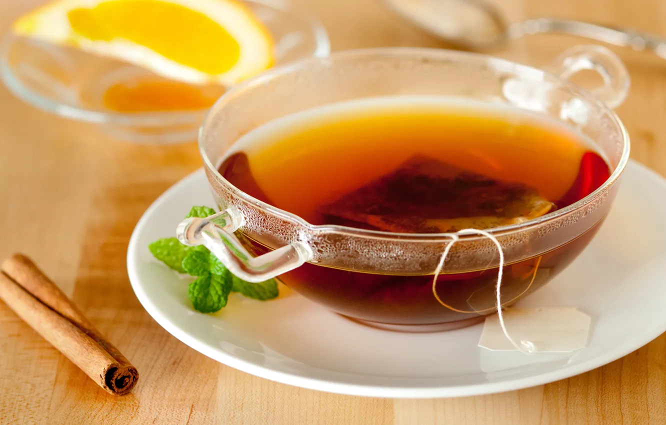 Фото обои чай, tea, mint leaves, листик мяты, пакетик чая, stick cinnamon, палочка корицы, tea bag