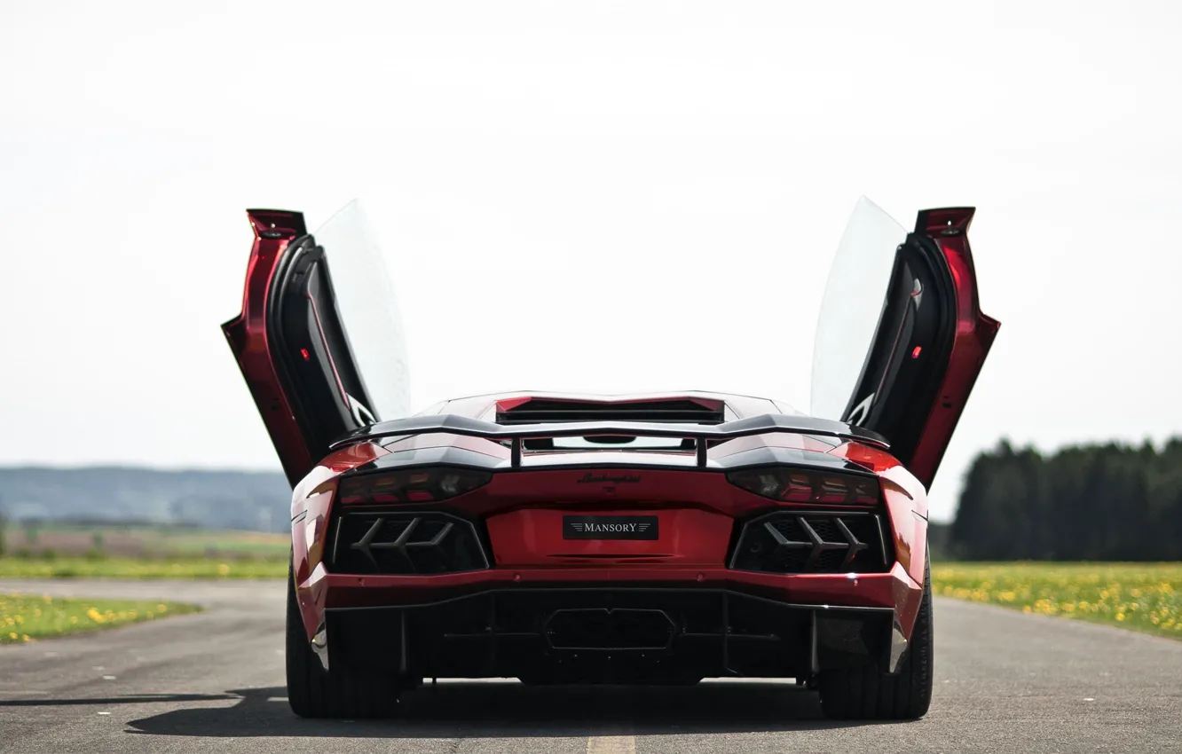 Фото обои дорога, попа, двери, суперкар, Lamborghini Aventador