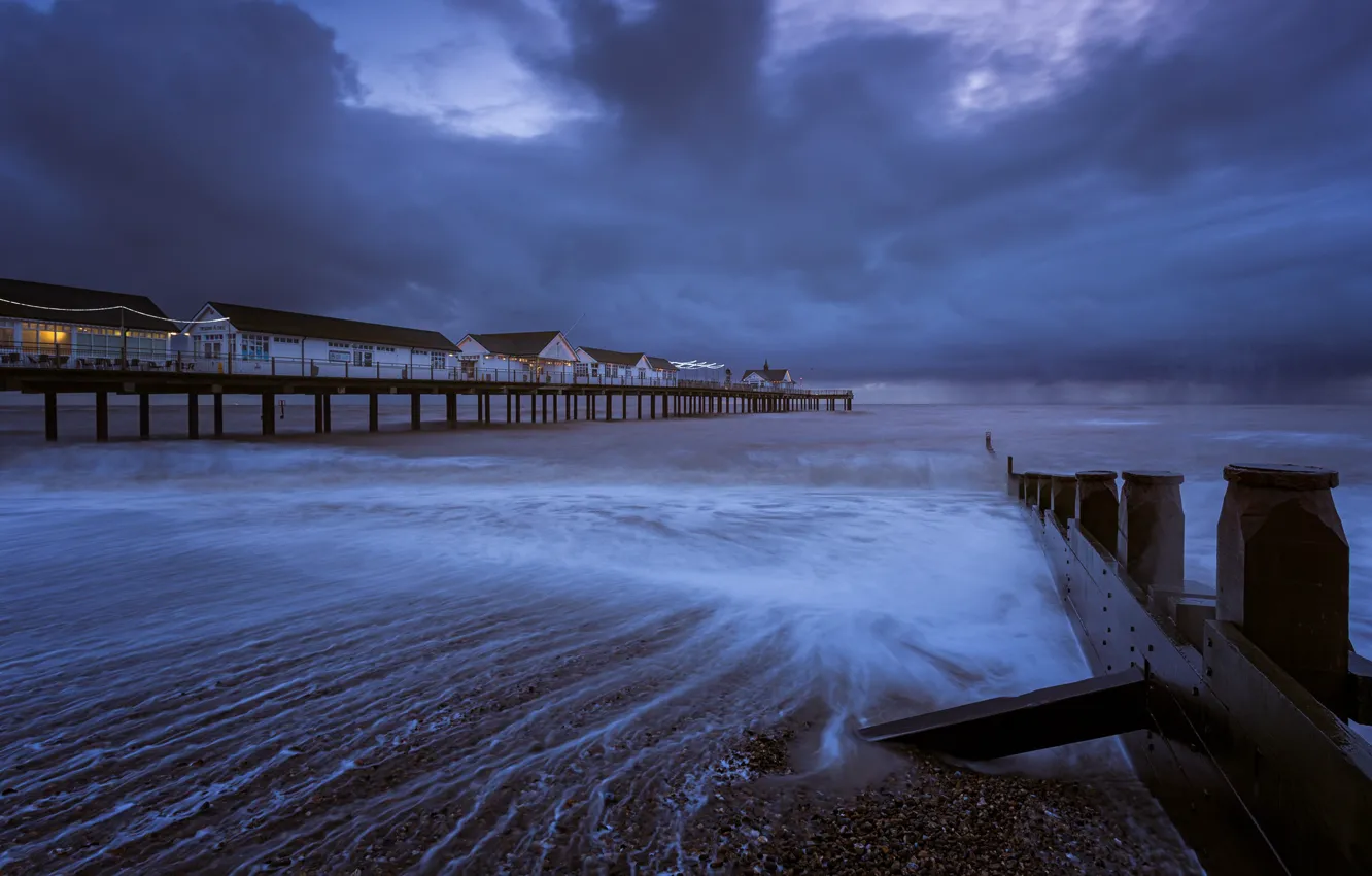 Фото обои море, ночь, мост, берег