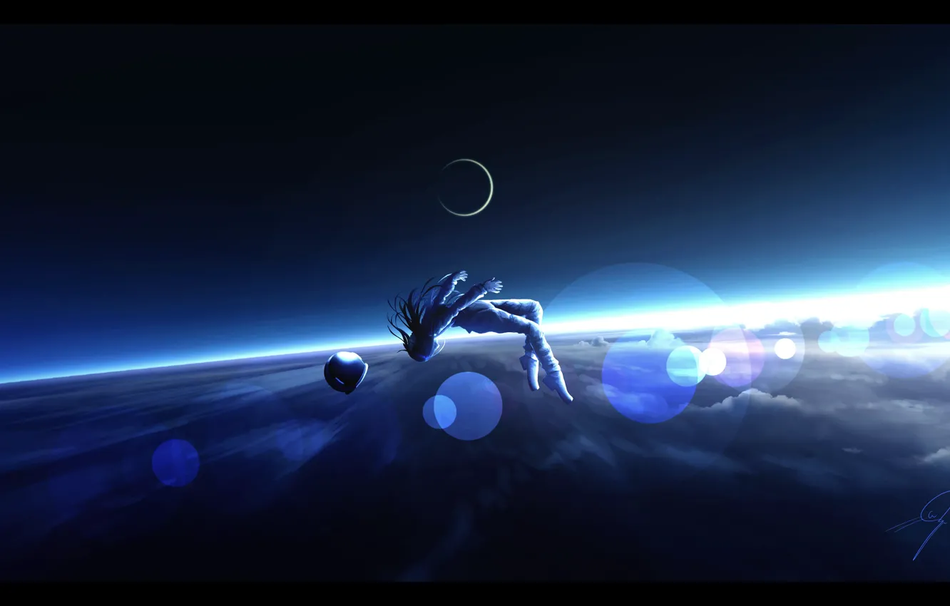 Фото обои небо, девушка, космос, луна, падение, фэнтези, Nengoro