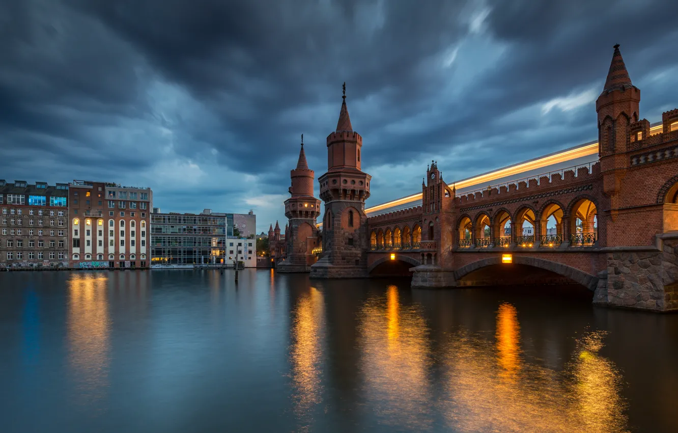 Фото обои мост, река, здания, Германия, ночной город, Germany, Берлин, Berlin