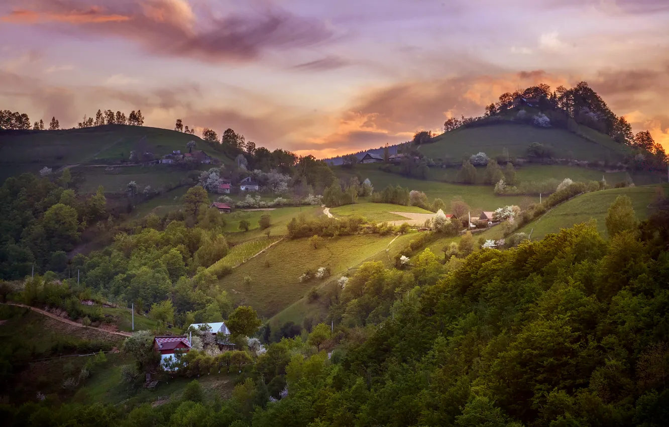 Фото обои небо, облака, холмы, весна, утро, деревня, Румыния