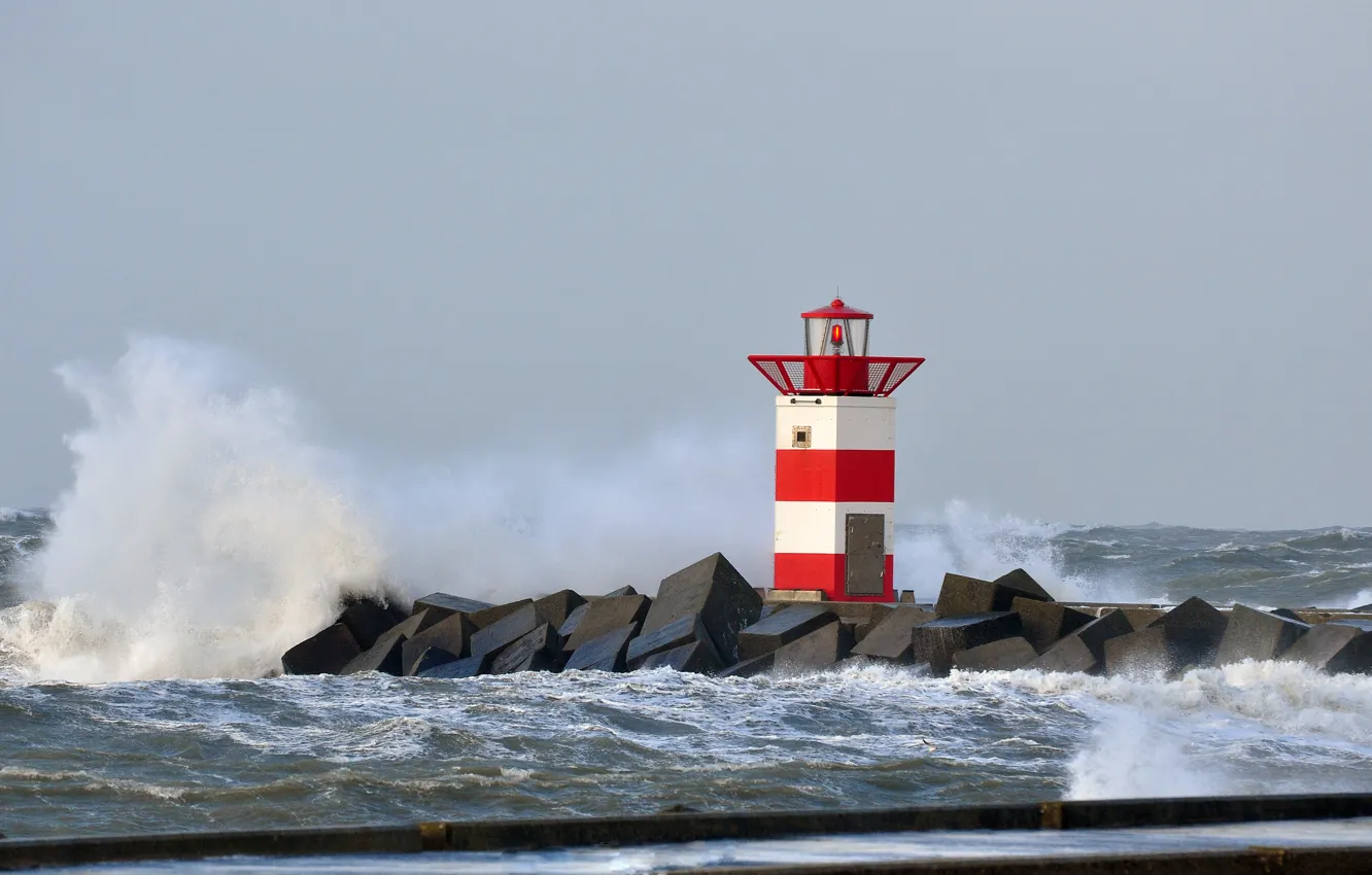 Фото обои шторм, маяк, коса, Нидерланды, Северное море, Схевенинген, Scheveningen