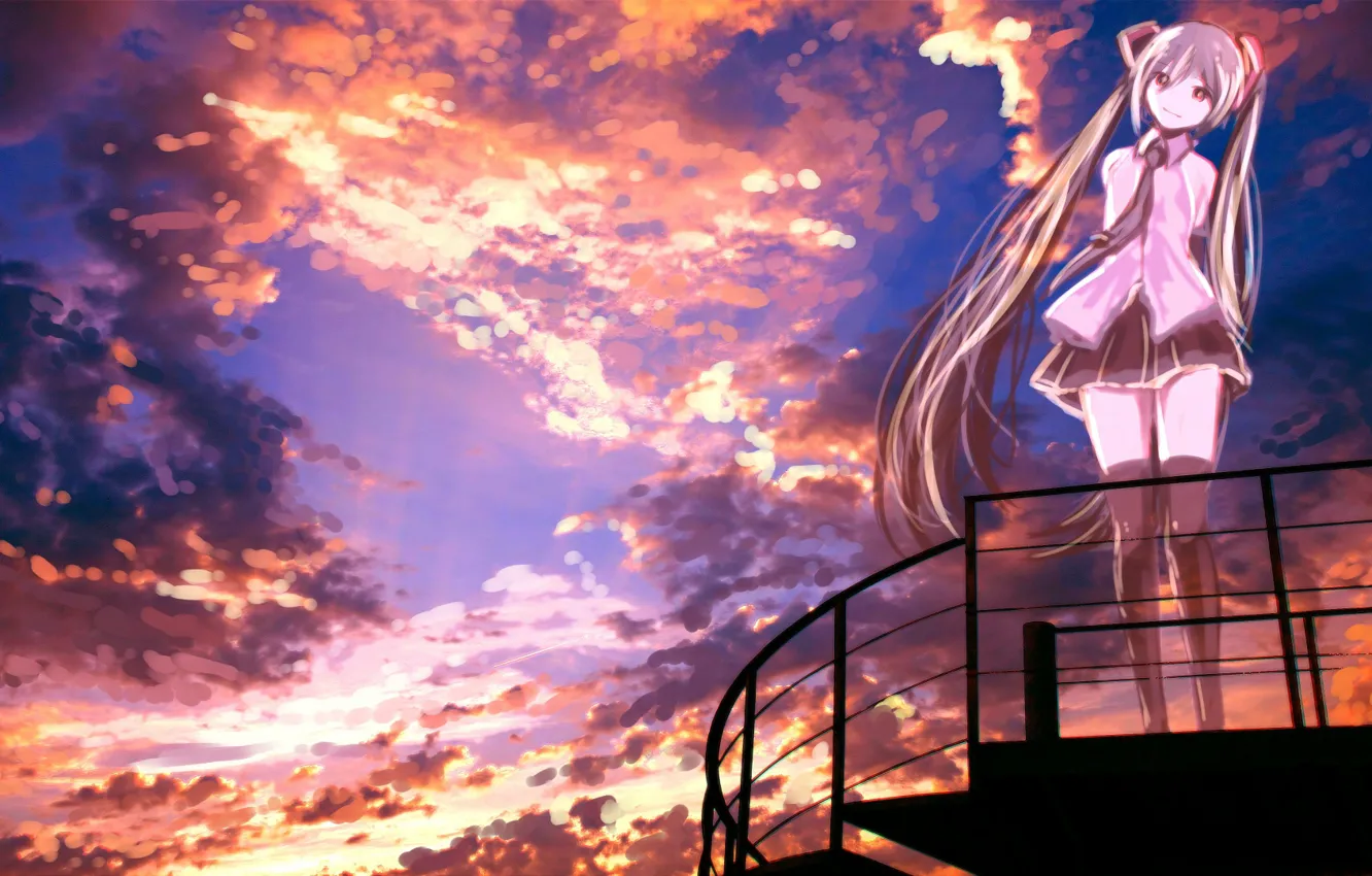 Фото обои небо, девушка, закат, Hatsune Miku, Vocaloid