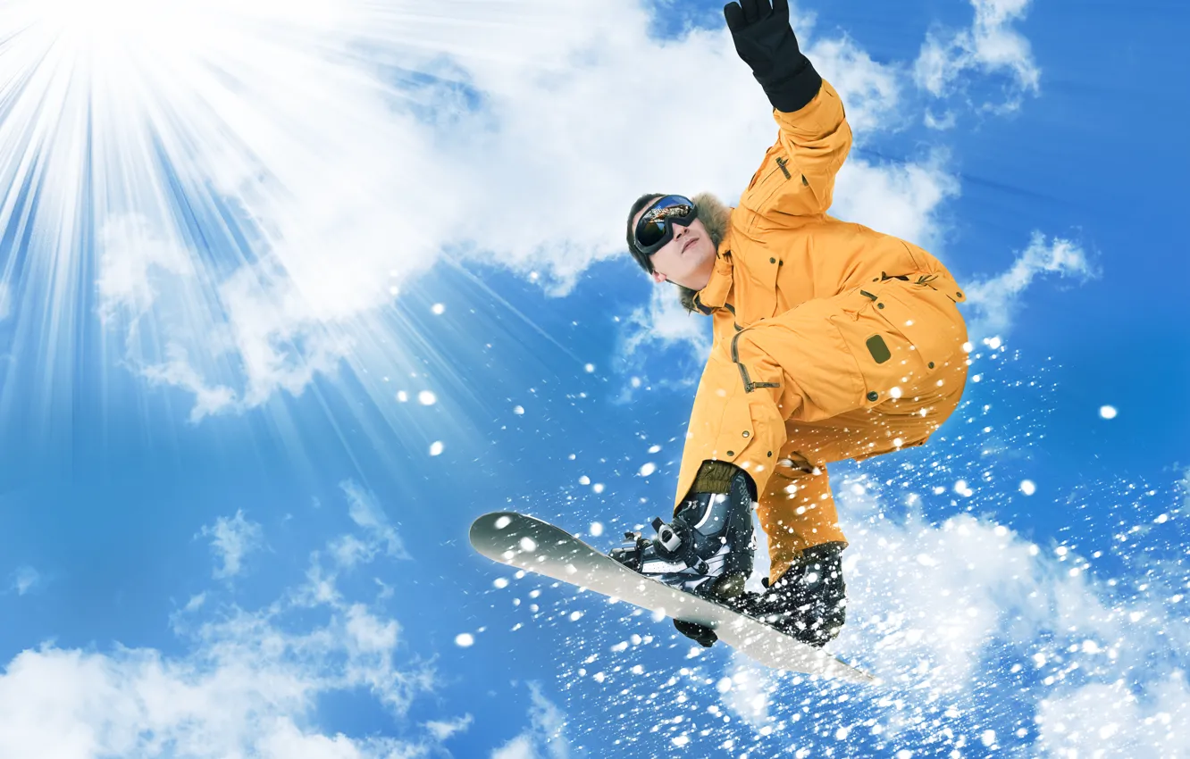 Фото обои снег, поза, сноуборд, Зима, очки, доска, сноубордист