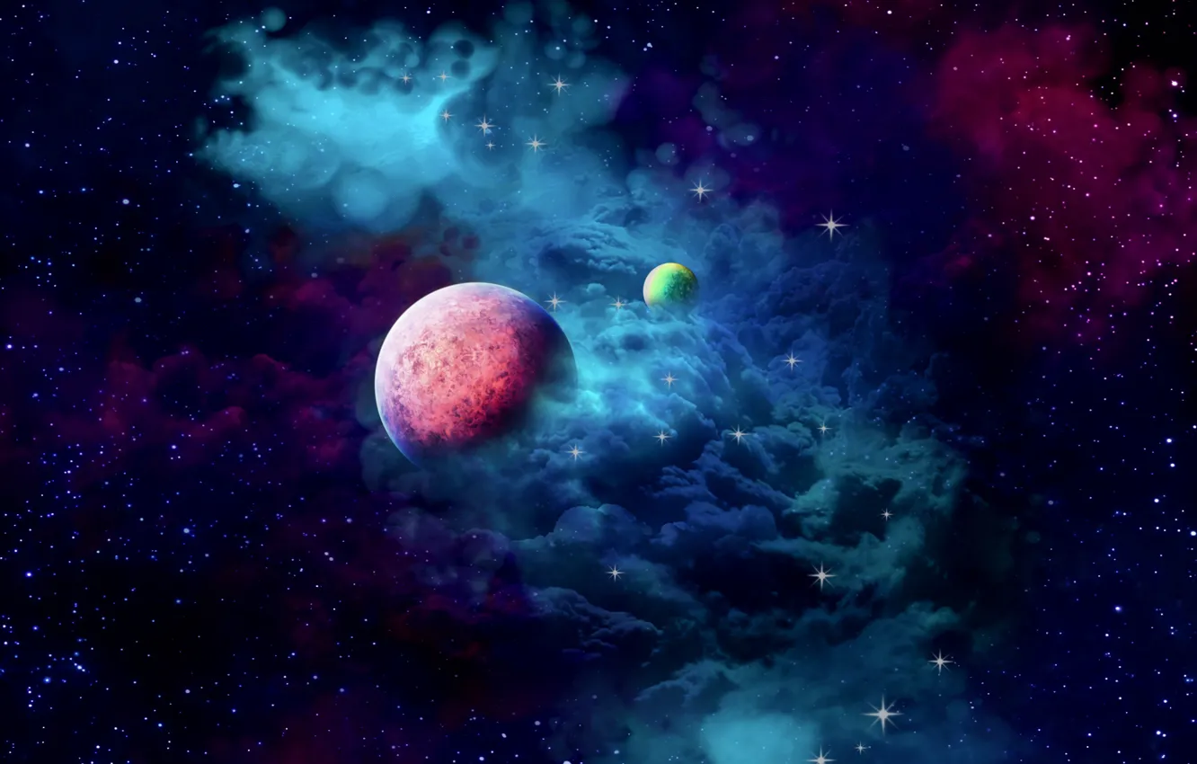 Фото обои space, nebula, cloud, planets, galaxy, 2k hd widescreen background