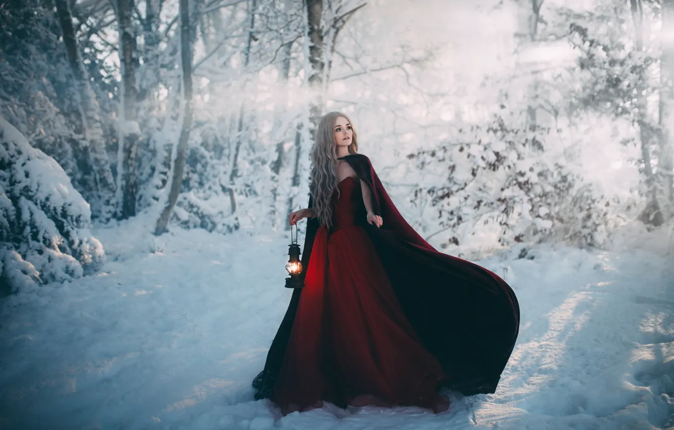 Фото обои девушка, снег, платье, фонарь, Adam Bird