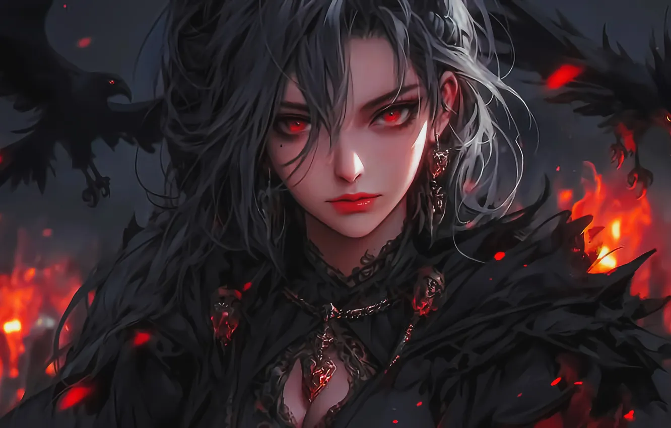 Фото обои Girl, Fire, Crow, Anime Girl, AI Generated