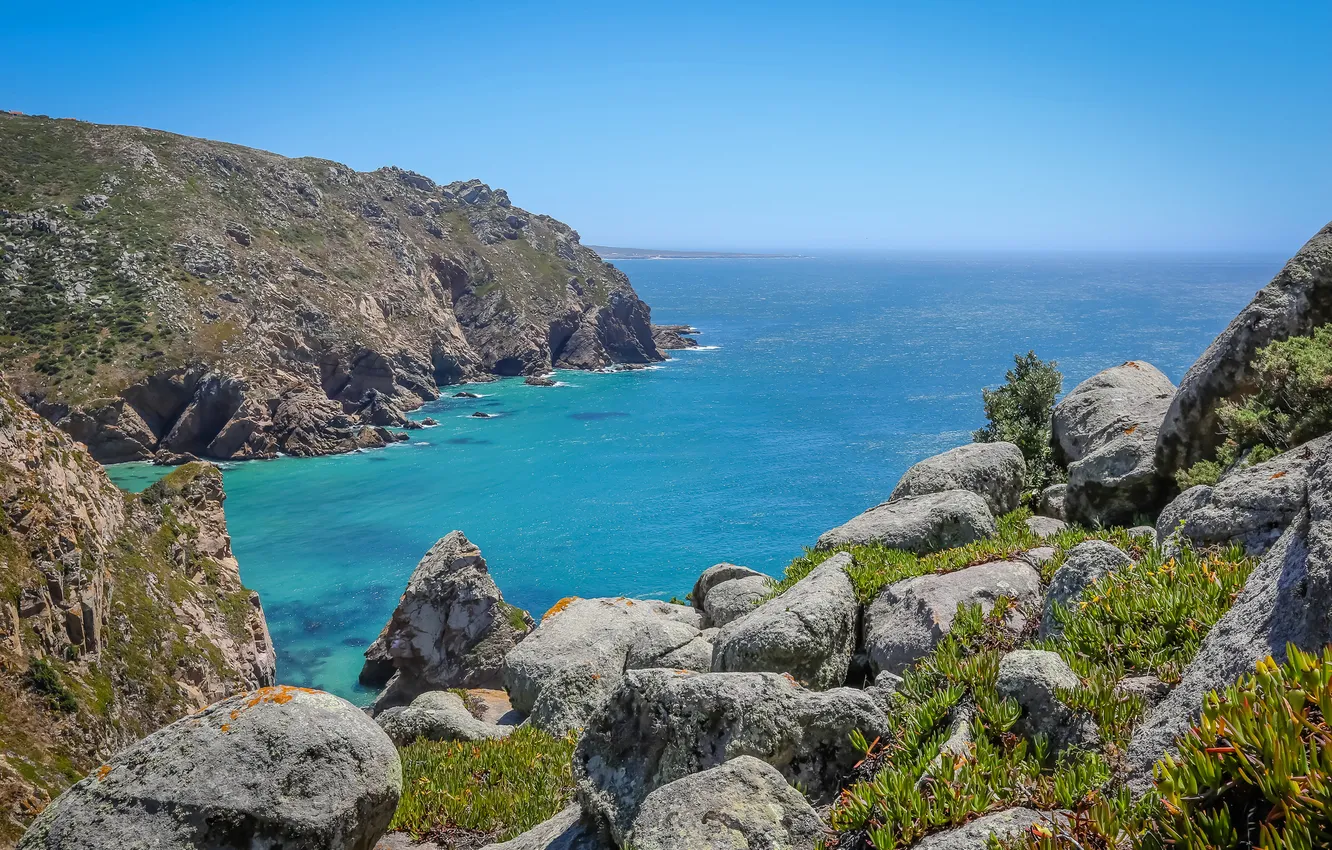 Фото обои море, небо, камни, скалы, бухта