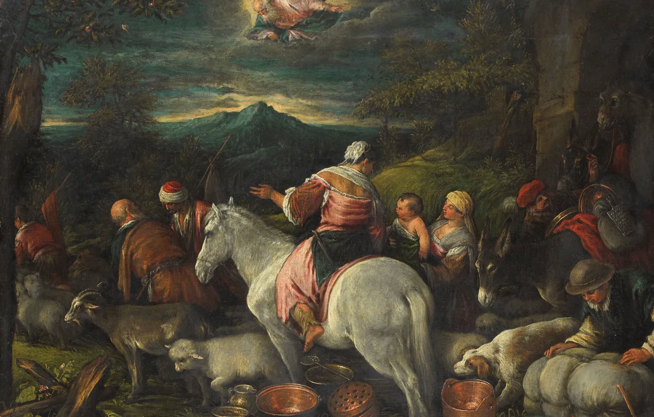 Фото обои масло, картина, холст, мифология, Франческо Бассано, 1592, Авраам Оставляет Харан, Francesco Bassano
