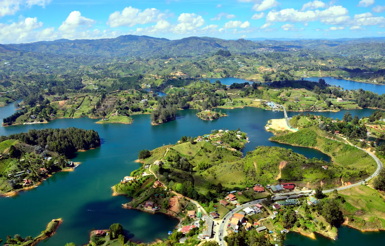 Фото обои река, панорама, Colombia, островки, Guatape