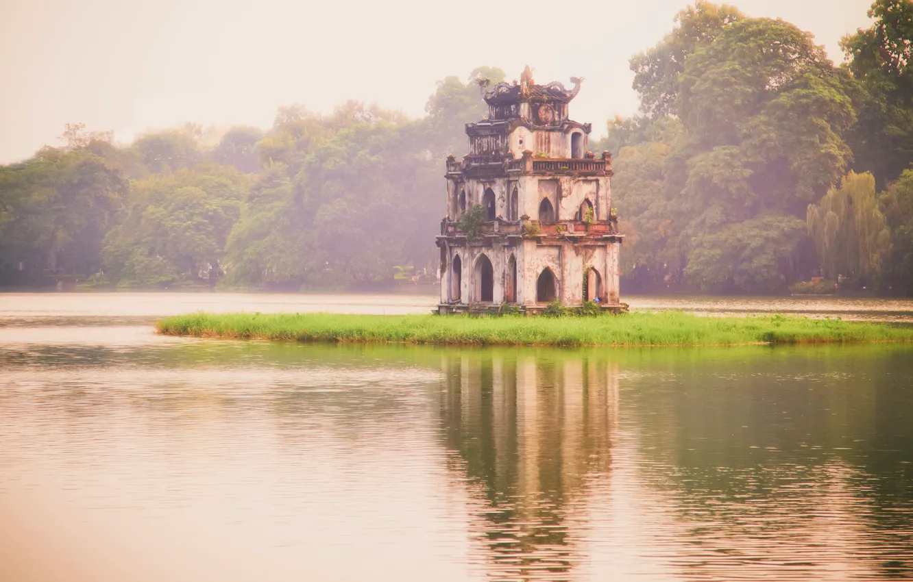 Фото обои Озеро, Вьетнам, Vietnam, Ханой, Hanoi, Hoan Kiem Lake, Черепашья башня, Озеро Хоан Кием
