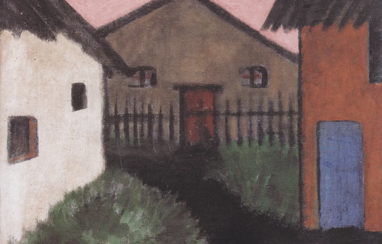 Фото обои трава, дома, Экспрессионизм, Otto Mueller, ca1928, Dorfhauser