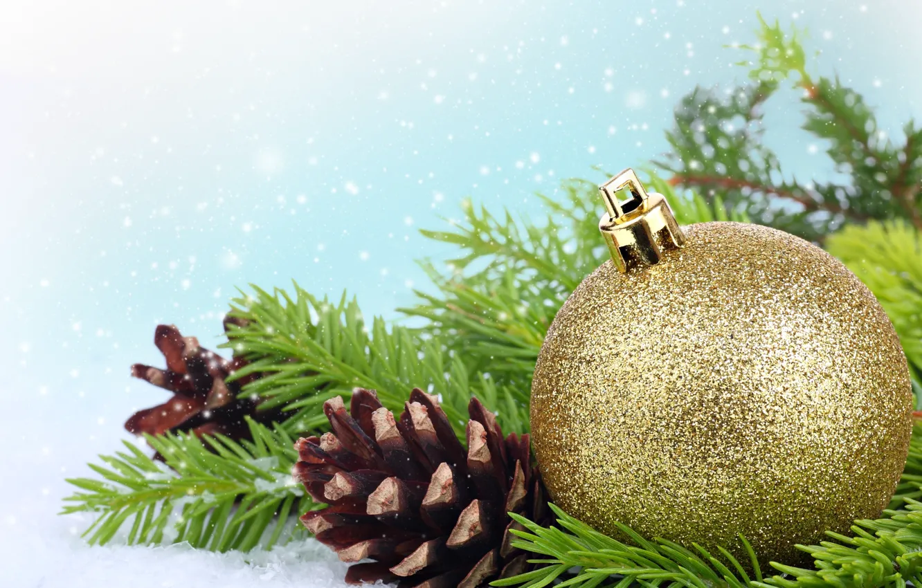 Фото обои елка, шар, ветка, шарик, Новый Год, Рождество, золотой, Christmas
