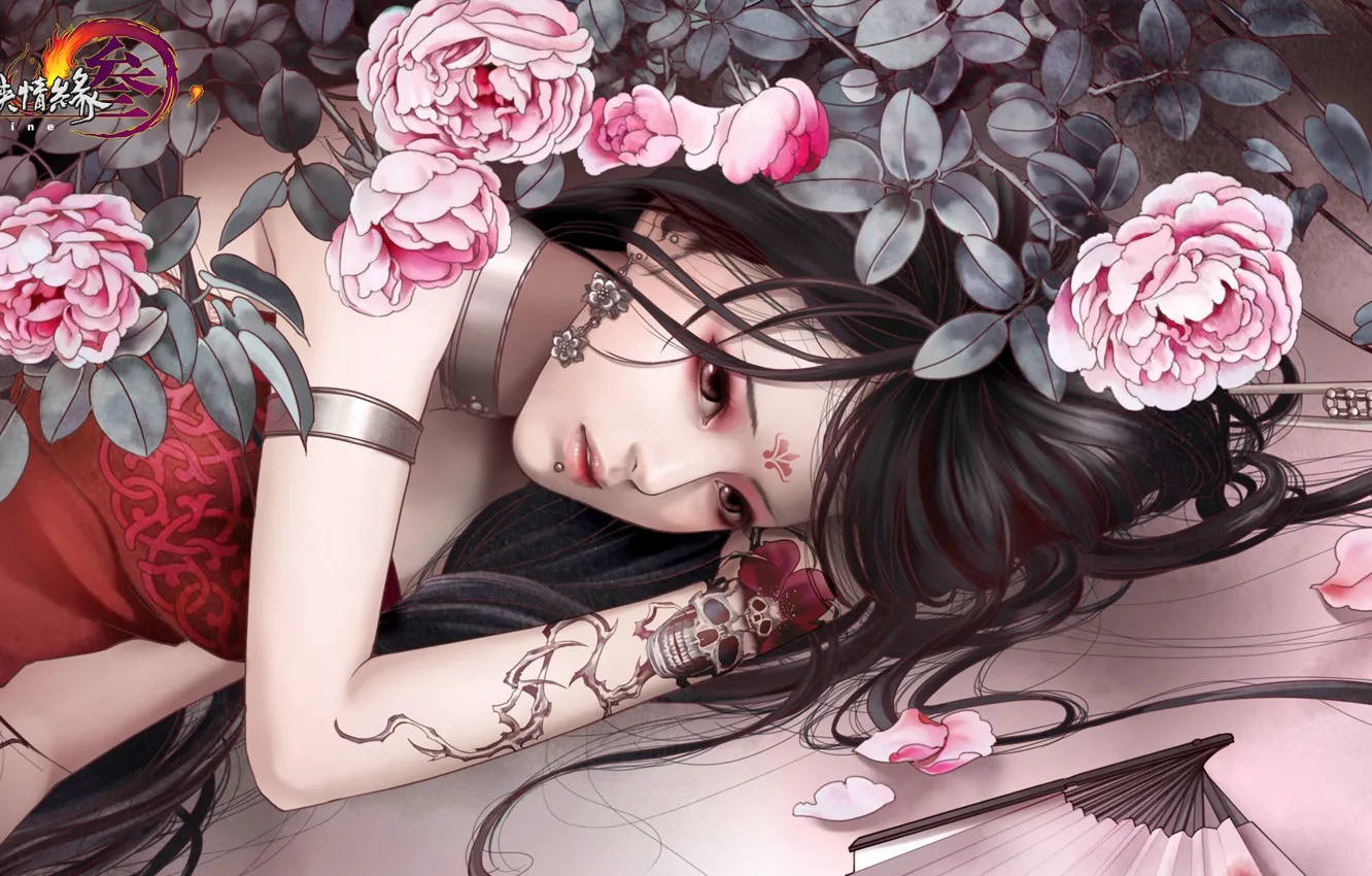 Фото обои girl, tatoo, roses, a drawing