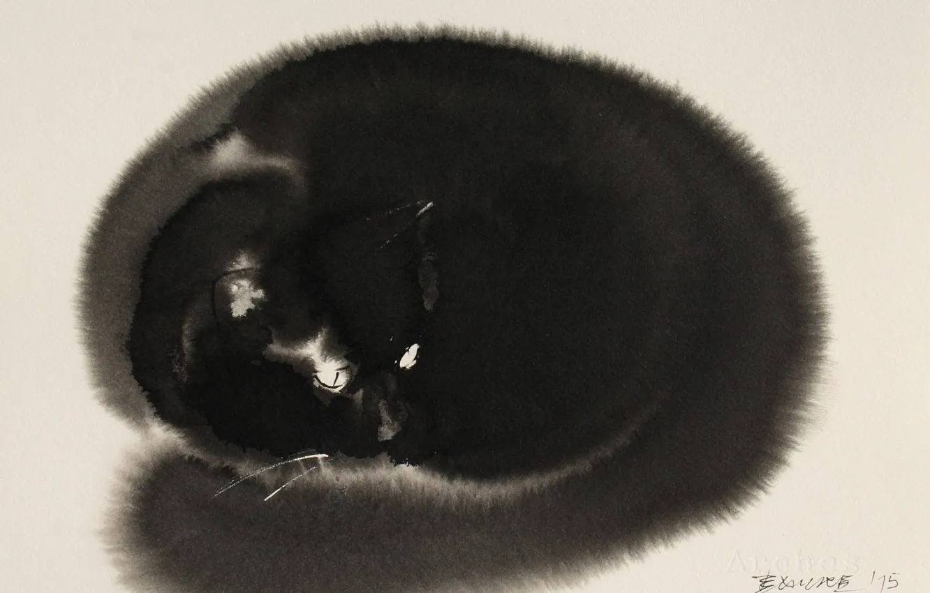 Фото обои взгляд, рисунок, кошак, акварель, живопись, светлый фон, пушистик, черный кот