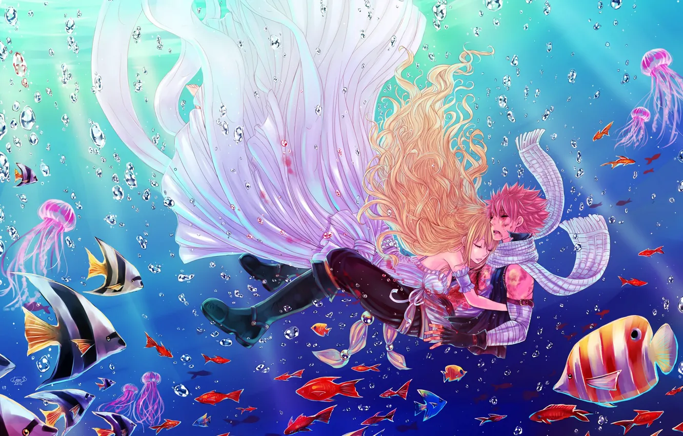 Фото обои вода, девушка, рыбы, парень, под водой, anime, art, fairy tail