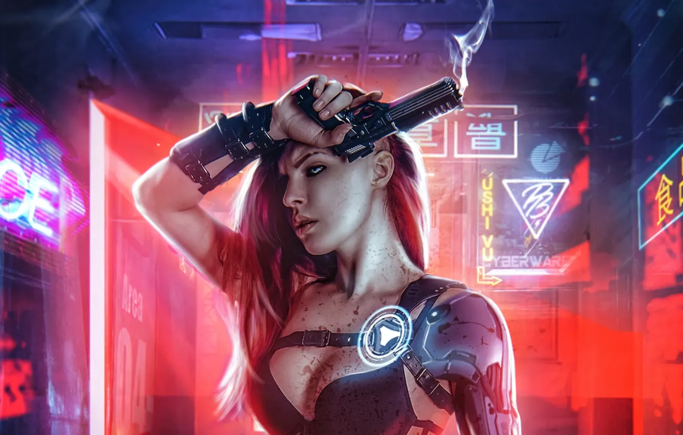 Фото обои девушка, оружие, игра, game, Cyberpunk, Girl With Gun
