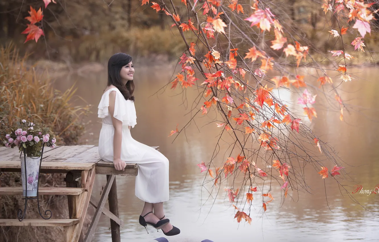 Фото обои девушка, озеро, азиатка
