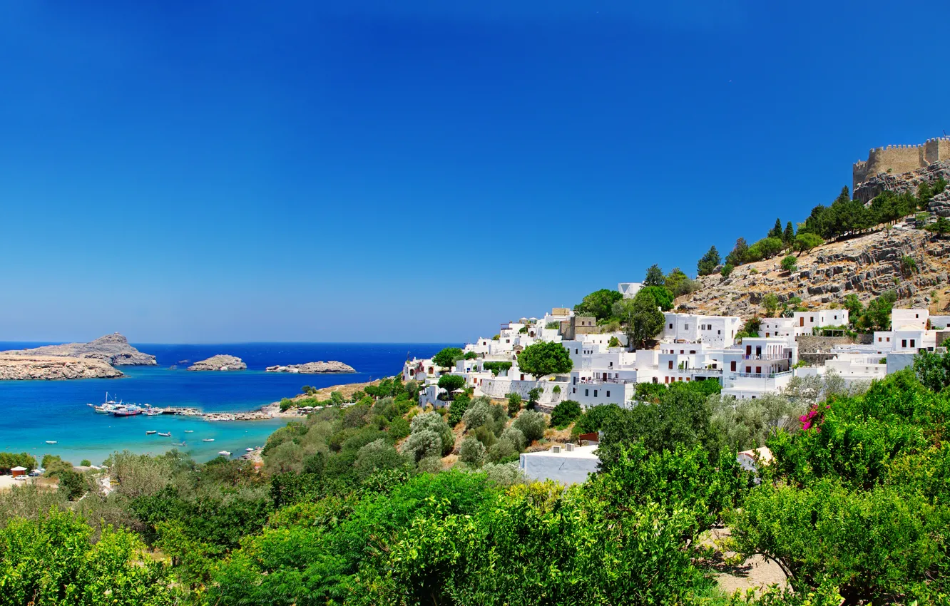 Фото обои деревья, природа, побережье, дома, Греция, крепость, Greece