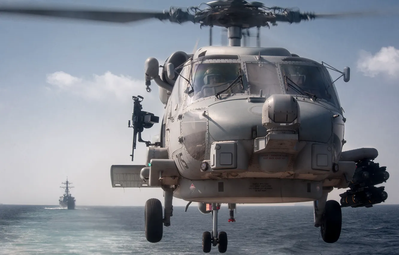 Фото обои океан, корабль, вертолет, боевой, HH-60G, Pave Hawk