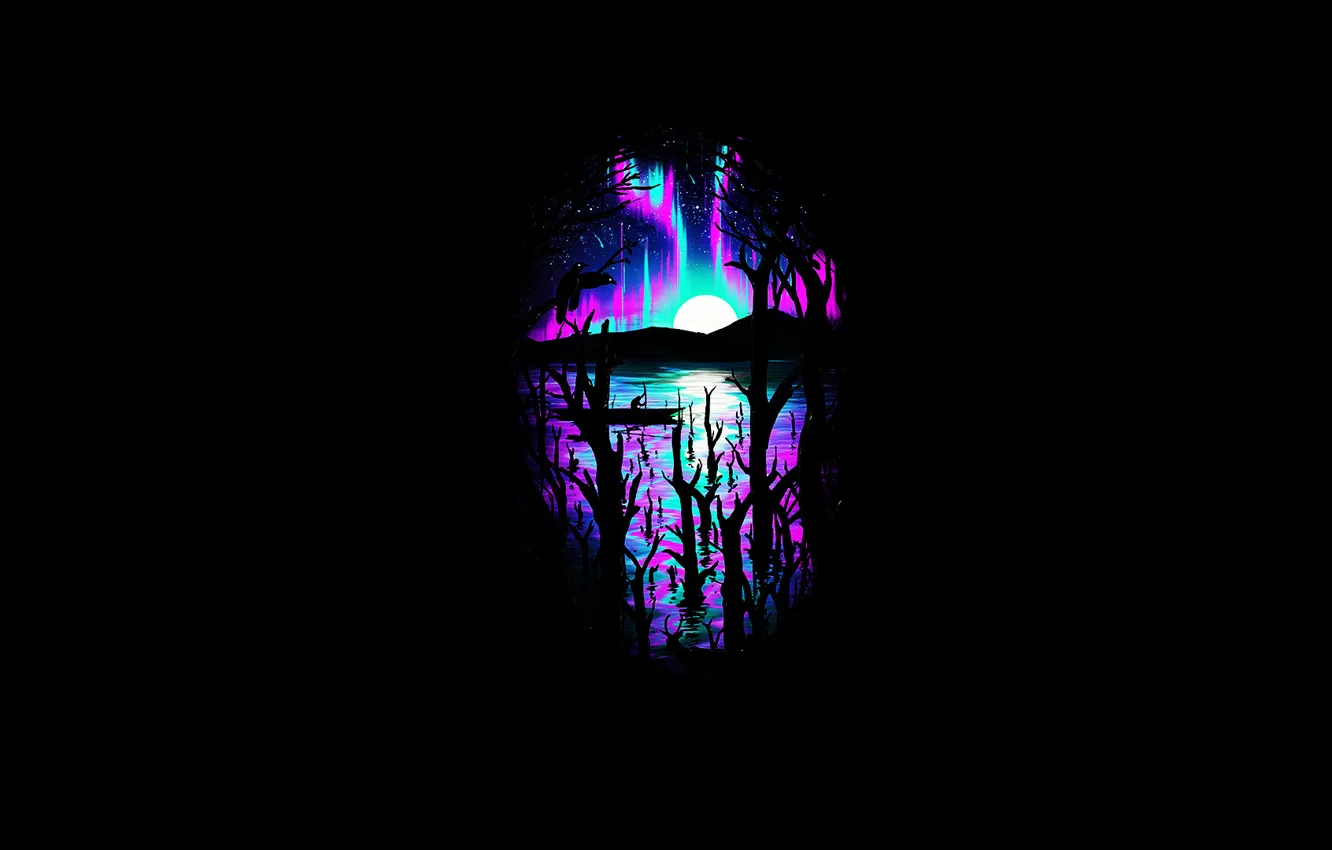 Фото обои деревья, ночь, краски, северное сияние, вороны