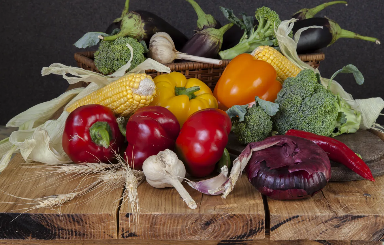 Фото обои кукуруза, лук, баклажаны, перец, овощи, капуста, чеснок