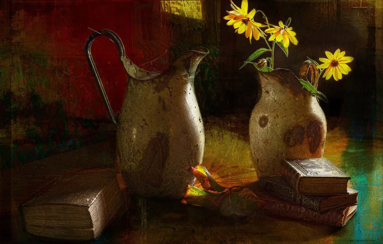 Фото обои цветы, стиль, книги, винтаж, кувшины