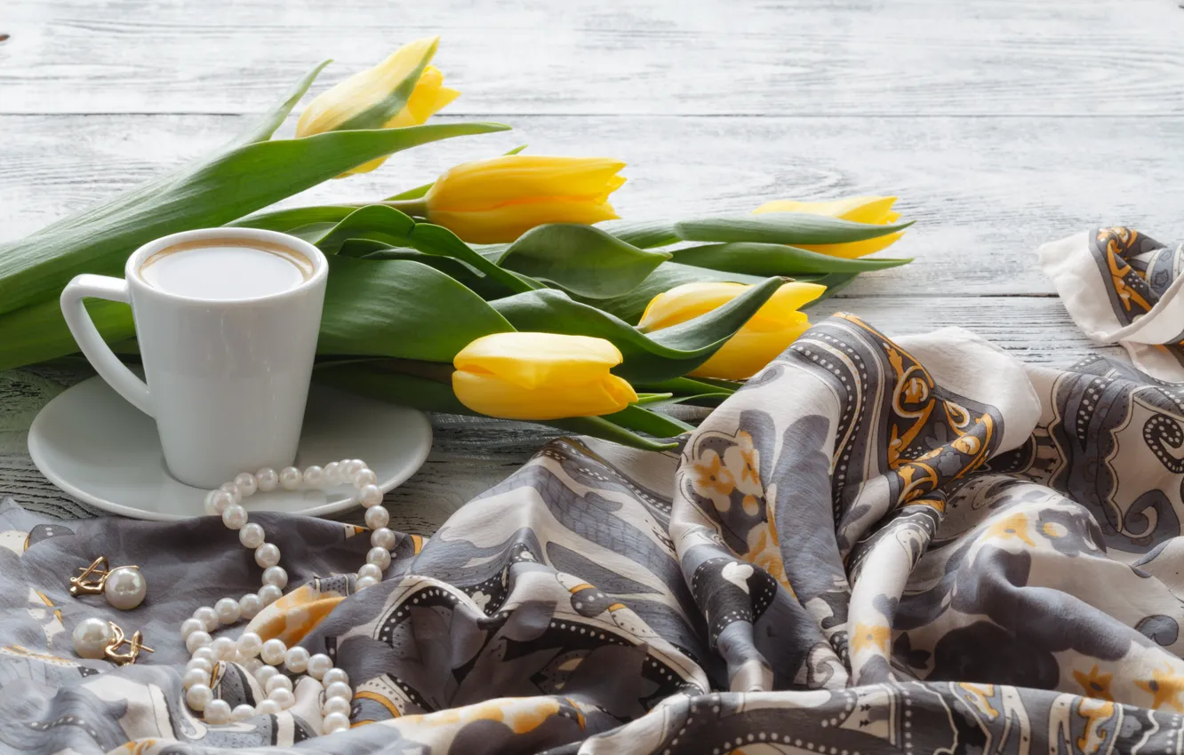 Фото обои кофе, тюльпаны, украшение, платок, Andrey Cherkasov