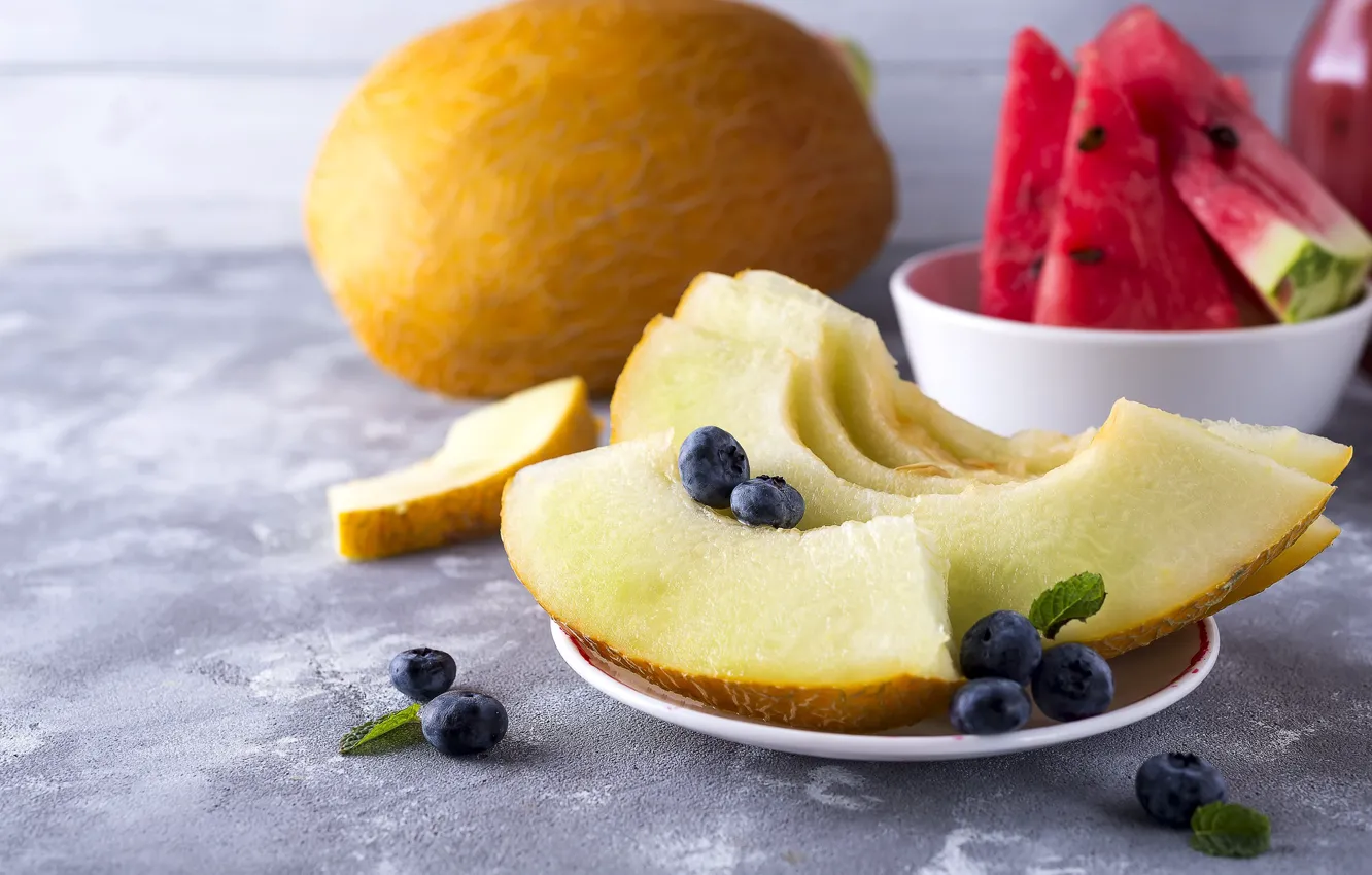 Фото обои арбуз, мята, дыня, голубика