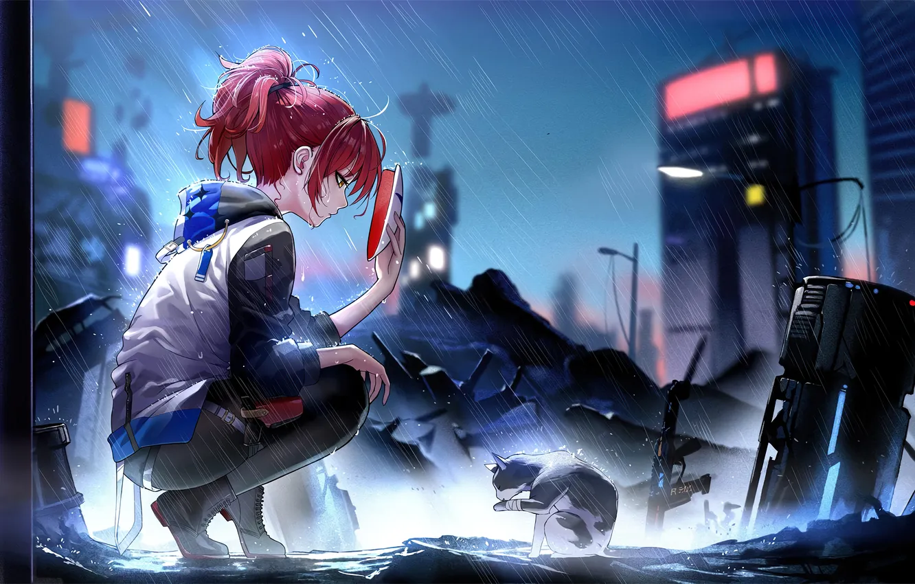 Фото обои Girl, wallpaper, Art, Anime, Cat