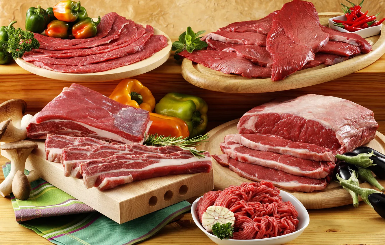 Фото обои мясо, овощи, продукты, разделочная доска