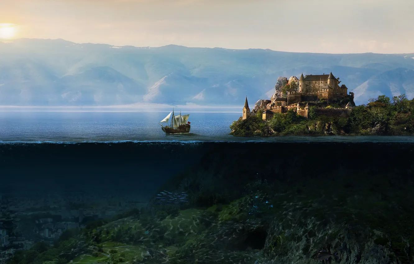 Фото обои солнце, горы, замок, океан, остров, подводный мир, кораболь