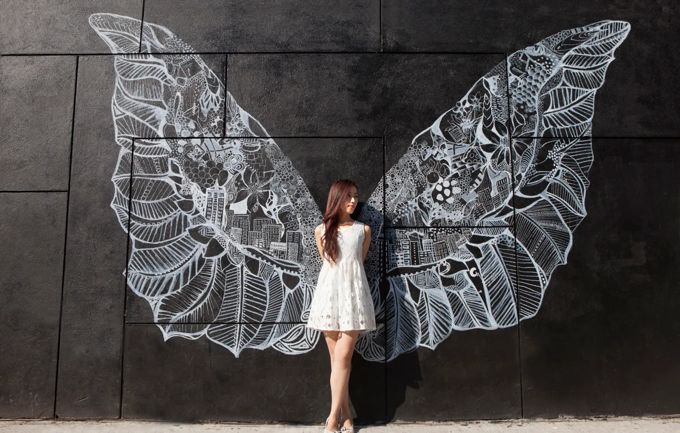 Фото обои девушка, стена, рисунок, крылья