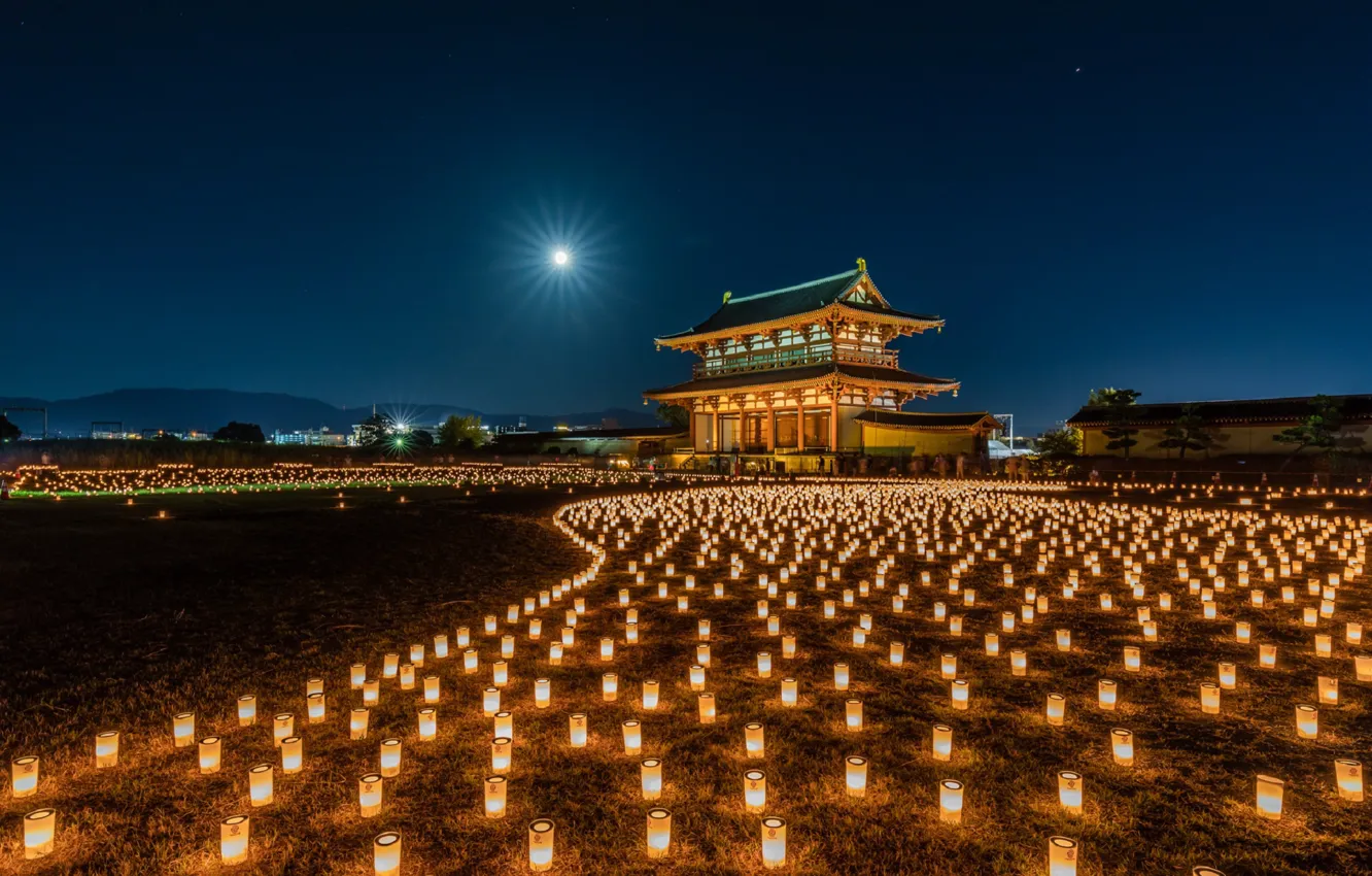 Фото обои храм, Japan, фонарики, много, Nara Park