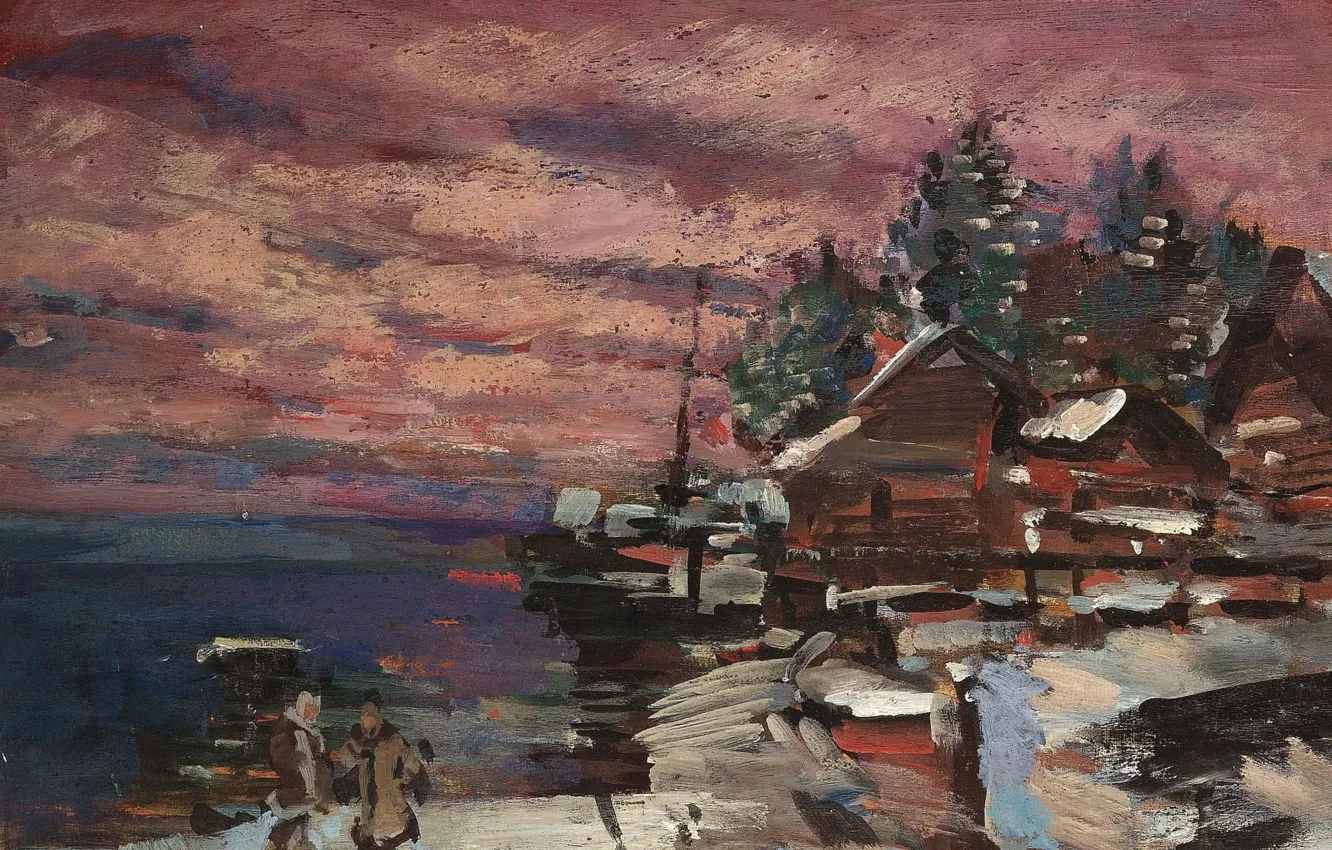 Фото обои пейзаж, картина, импрессионизм, Константин Коровин, Деревня Зимой