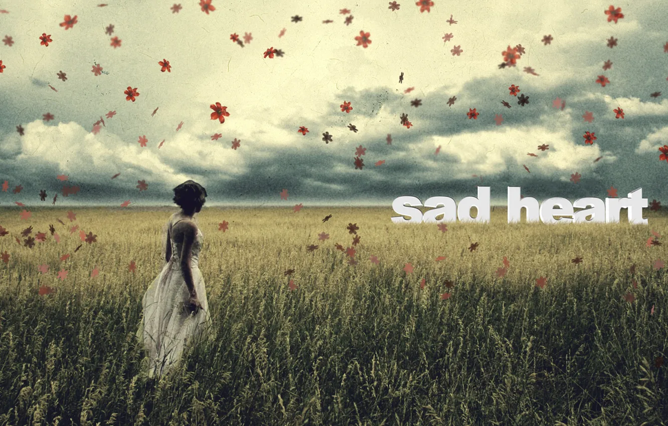 Фото обои грусть, поле, осень, небо, листья, девушка, стиль, одиночество