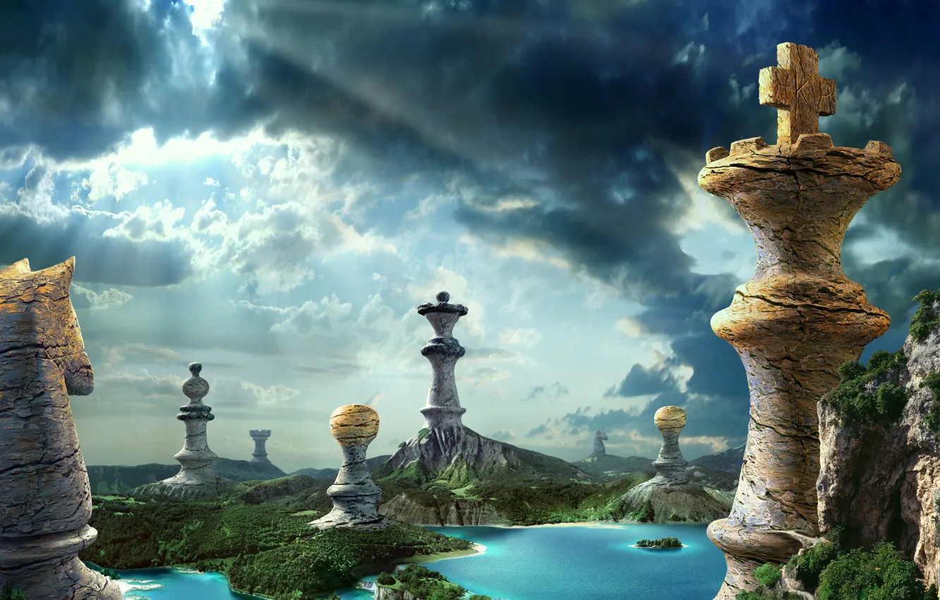 Фото обои лес, небо, природа, озеро, камень, водопад, шахматы, шахматные фигуры