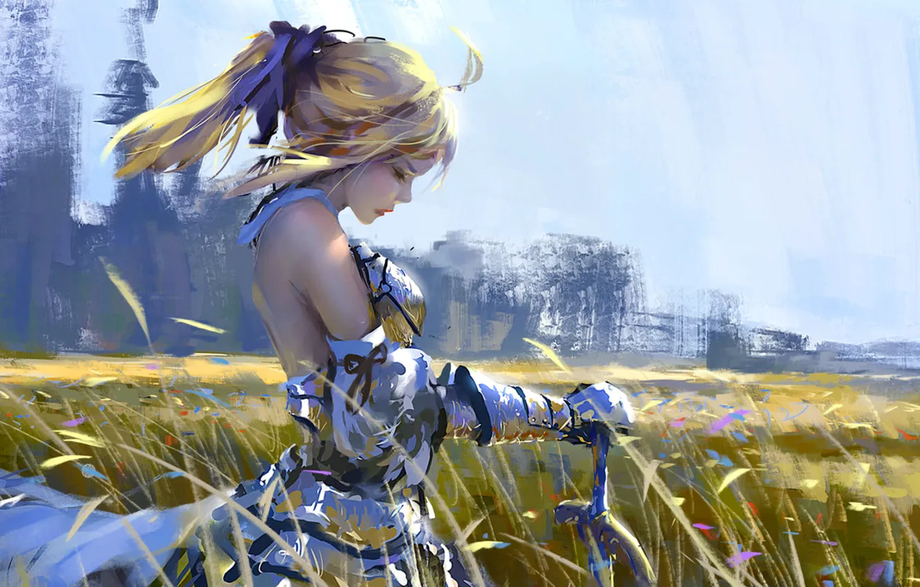 Фото обои girl, sword, fantasy, armor, field, art, painting, blond