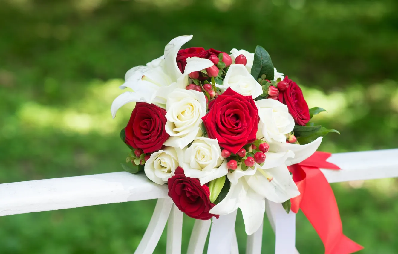 Фото обои букет, red, white, flowers, roses, красные розы, свадебный, wedding bouquet